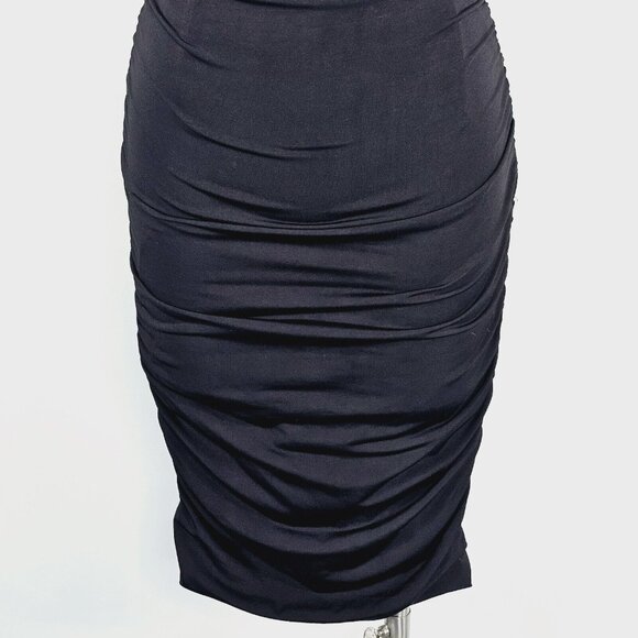 Vintage Cache Y2K Black Ruched Bodycon Dress 6 Rhinestone Chain Back Cocktail - Picture 12 of 17